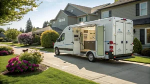 A professional mobile pet grooming van parked in a sunny driveway with a price list graphic overlay.