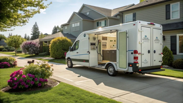 A professional mobile pet grooming van parked in a sunny driveway with a price list graphic overlay.