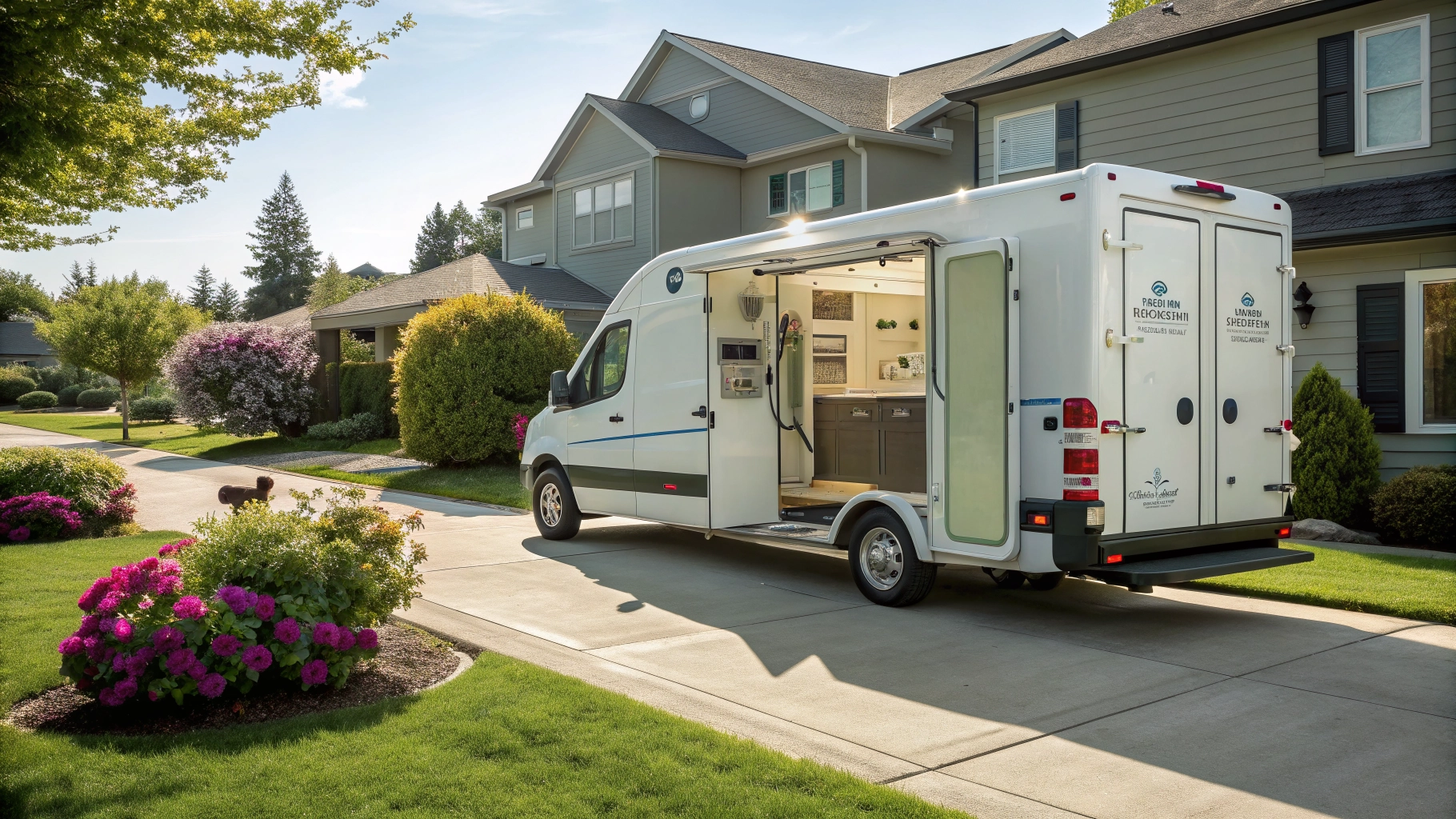 A professional mobile pet grooming van parked in a sunny driveway with a price list graphic overlay.