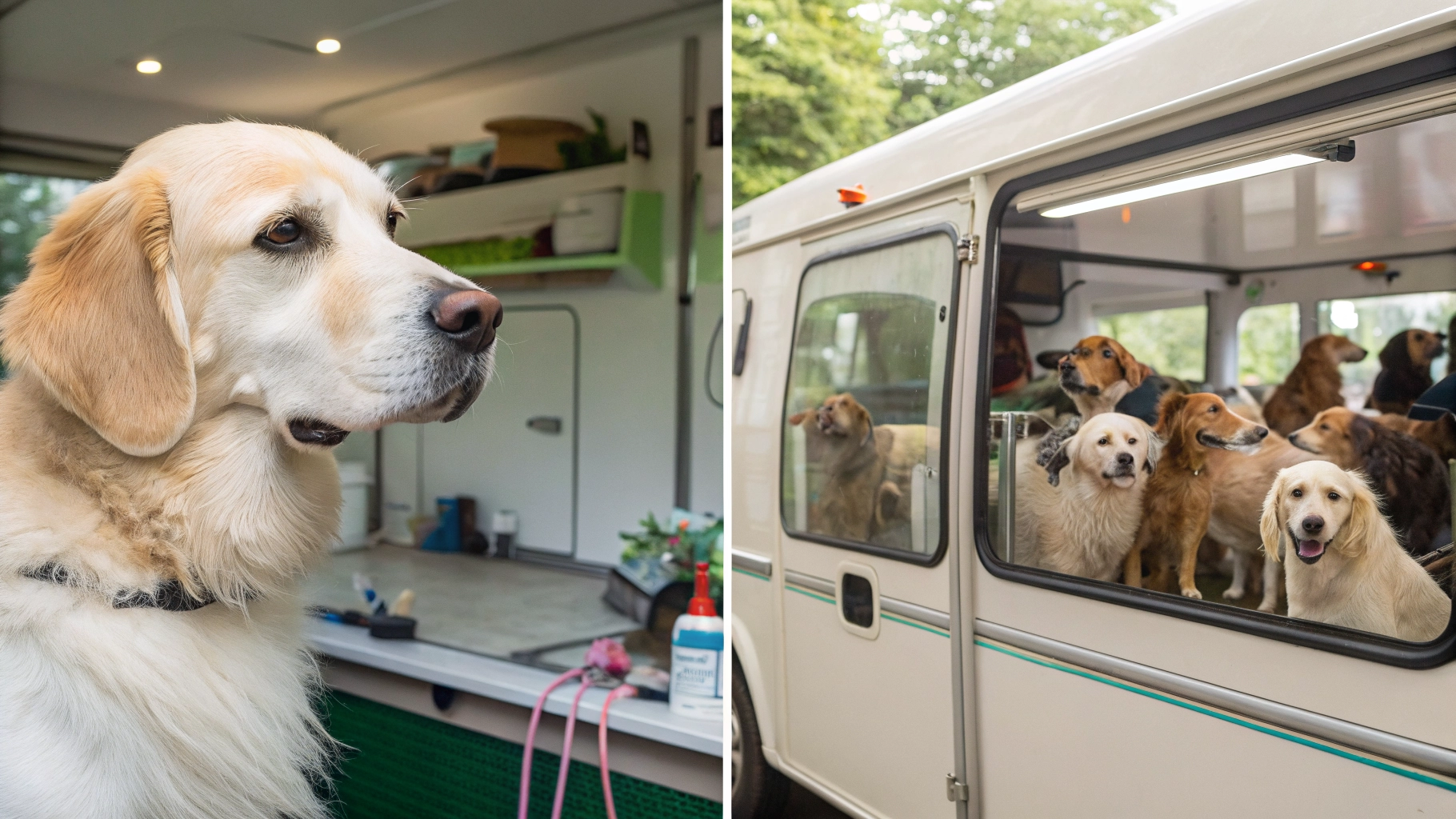 A side-by-side comparison of a calm dog being groomed in a mobile van versus a busy, noisy pet salon.