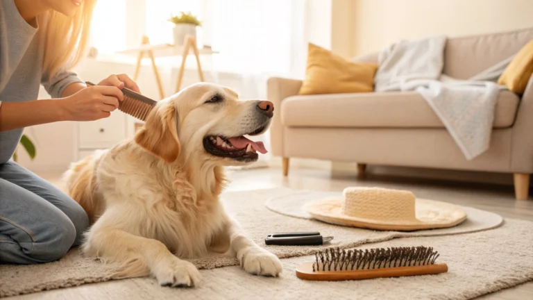 A pet owner gently brushing their happy dog at home to prepare for a grooming visit.