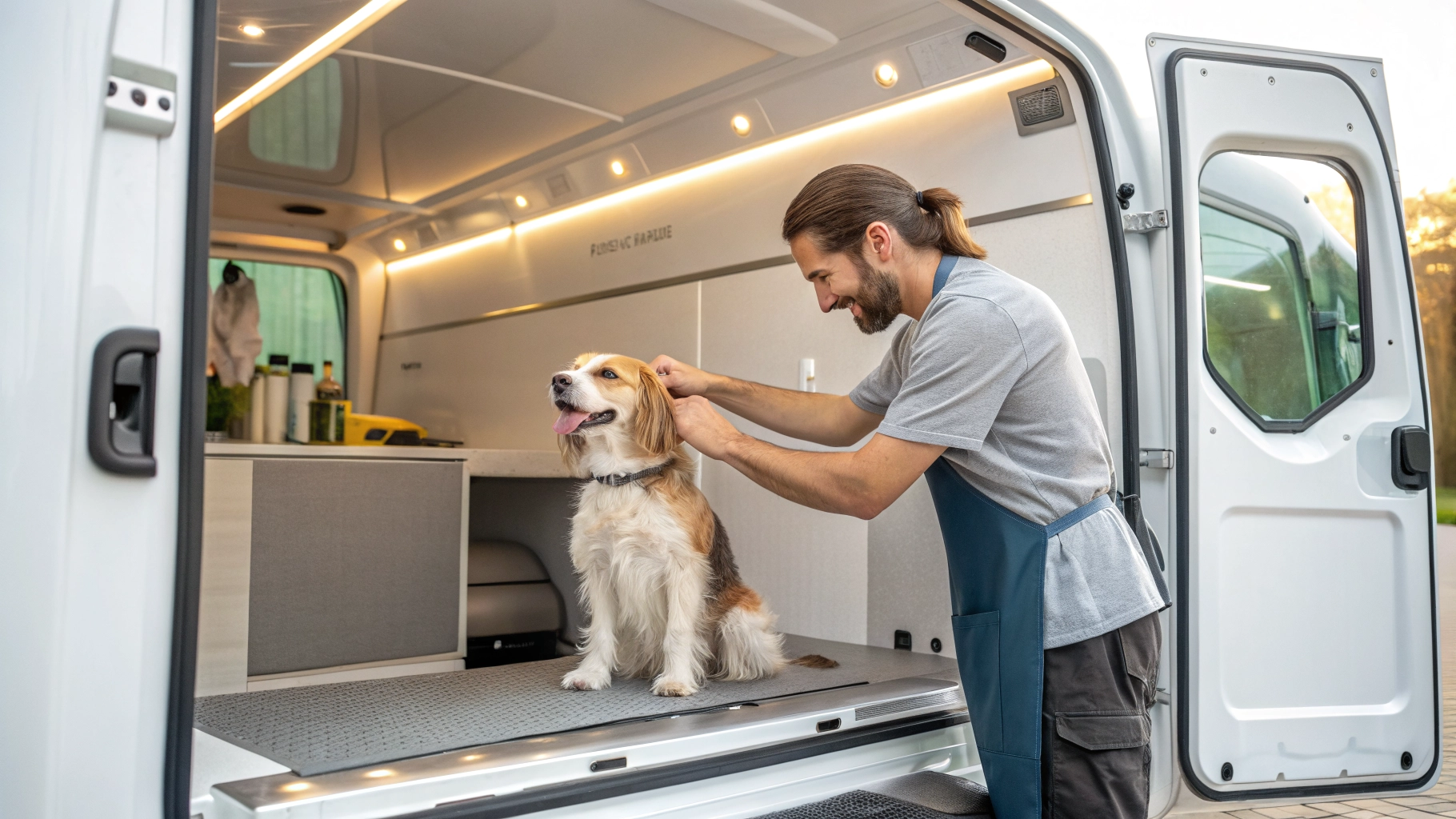 A groomer using gentle techniques to comfort a nervous dog inside a quiet mobile grooming van.
