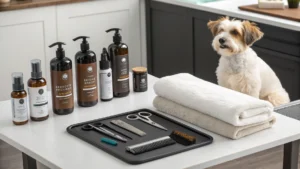 A display of professional pet grooming tools and premium shampoos representing a complete service package.